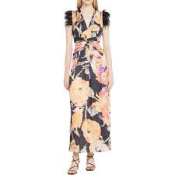 Ranna Gill Anthropologie Watercolor Floral Feather Maxi Dress with Cut Outs - Picture 1 of 9